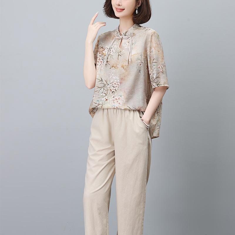 Летний женский костюм в национальном стиле из хлопка и льна, состоящий из двух предметов, для пышных фигур