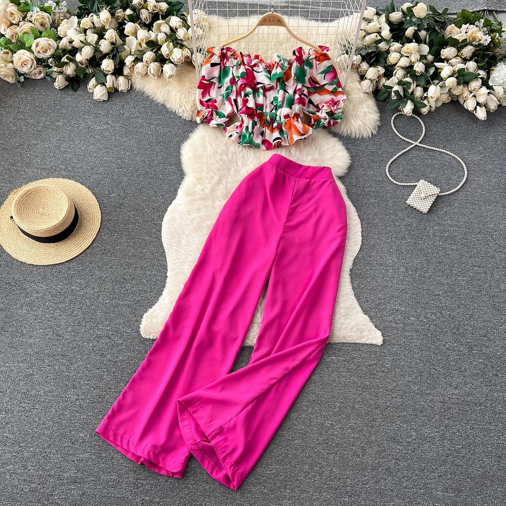 Модный французский костюм-рубашка на одно плечо с оборками и цветочным принтом, женский тонкий широкий брючный костюм с высокой талией