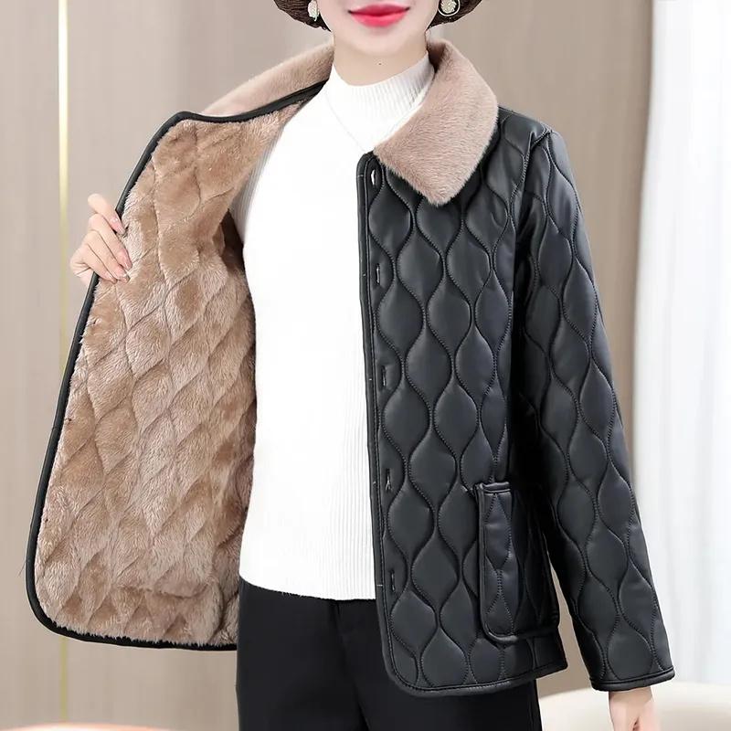 Winter Plush Jacket Winter Mom's Fashion Plus Size Loose Thick Fur Collar Coat For Mid-Aged Women With Velvet Warm Quilted Coat