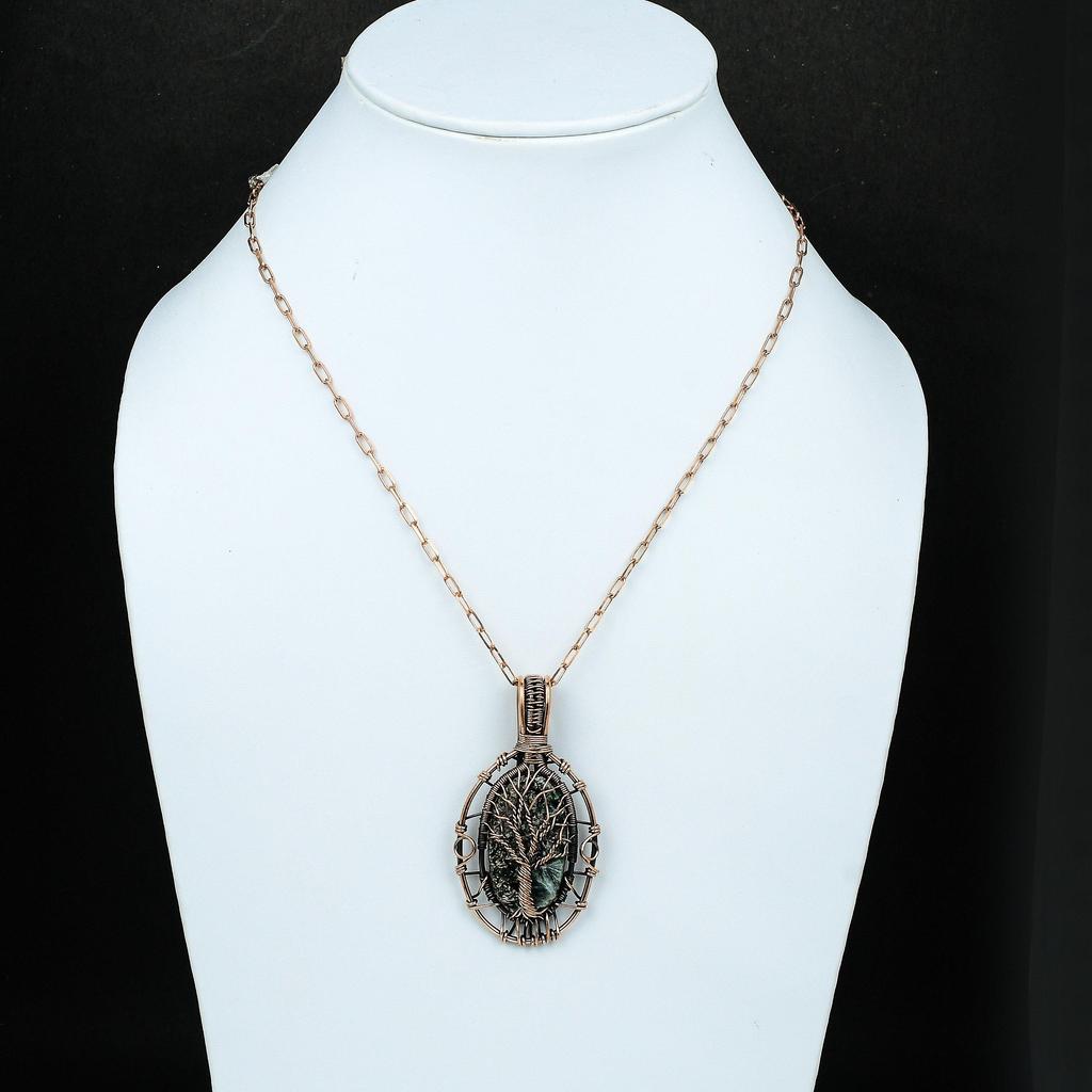 Древо Жизни Серафинит Медный Кулон Кулон, оплетенный медной проволокой Драгоценный камень Ювелирные изделия ручной работы Ювелирные изделия с серафинитом для женщин Подарок для матери