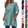 3/4 Sleeve Pocket Tops For Women T-Shirt Casual Print Mid-length Tops T Shirt Round Neck Pullover  Blouse