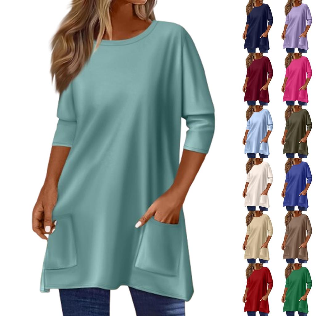 3/4 Sleeve Pocket Tops For Women T-Shirt Casual Print Mid-length Tops T Shirt Round Neck Pullover Blouse