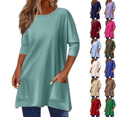 3/4 рукава кармана топы для женщин футболка повседневный принт средней длины топы футболка круглый вырез пуловер блузка