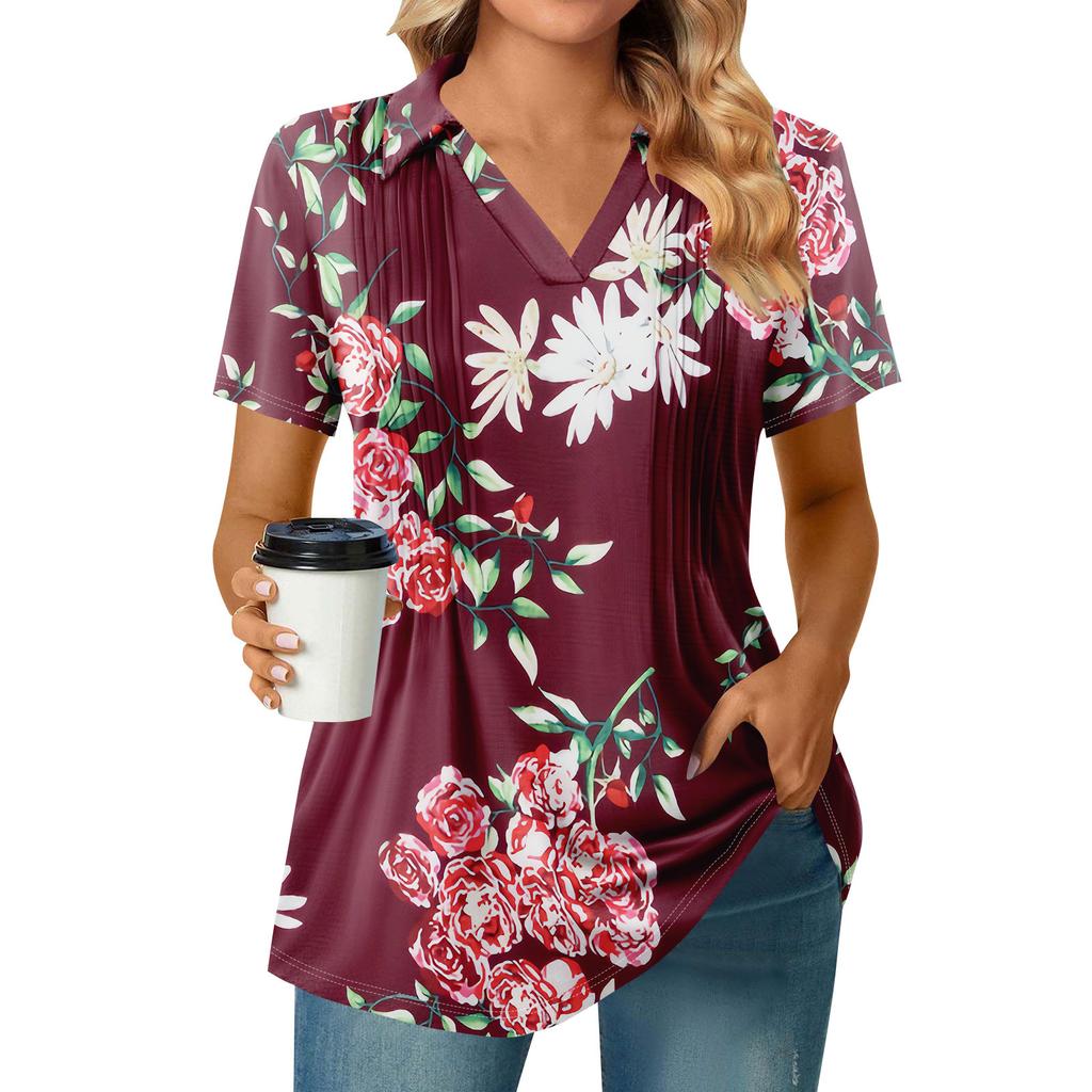 Womens Short Sleeve T Shirts Pleated V Neck Printing Tee Collared Summer Tops Fashion Business Casual Work