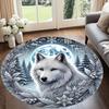 White Wolf Design, Round Carpet, Machine Washable, for Living Room, Bedroom, Entrance, Room Decor, High-Quality Flannel Carpet