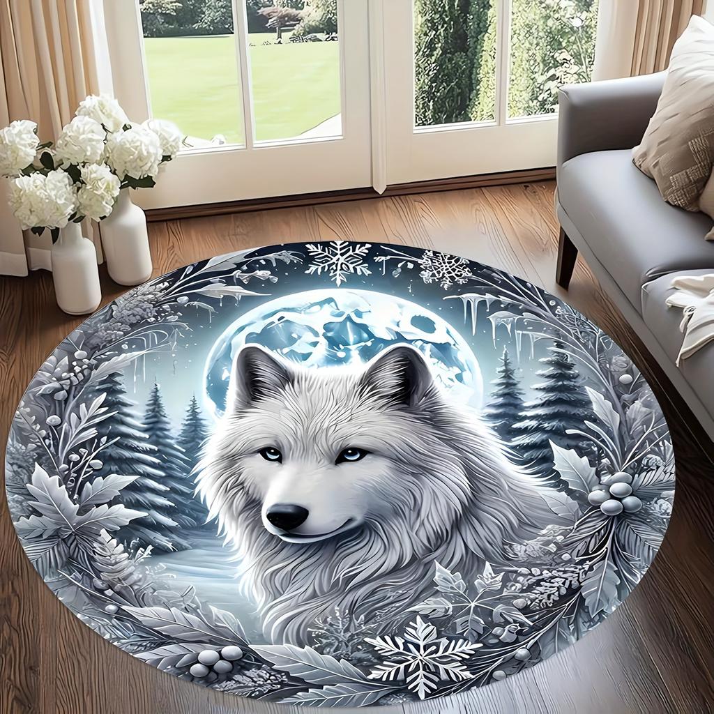 White Wolf Design, Round Carpet, Machine Washable, for Living Room, Bedroom, Entrance, Room Decor, High-Quality Flannel Carpet
