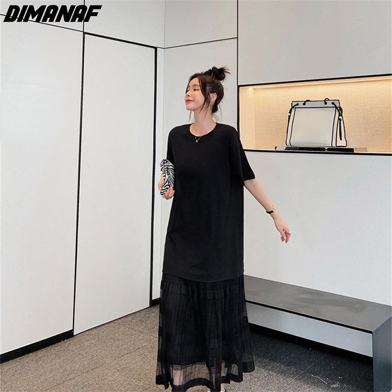 Dimanaf 2025 Плюс Размер Новое Летнее Стильное Женское Платье Повседневное Свободное Платье Праздничное Лоскутное Длинное Платье Оверсайз Черный