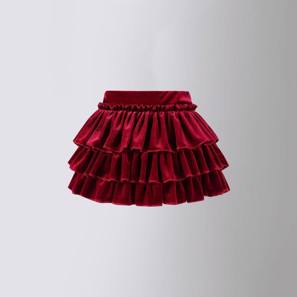 2026 Юбка-торт из черного бархата для девочек, с высокой талией, А-силуэта, короткая, весенняя, расклешенная, праздничная одежда, школьная, детская, универсальные многослойные юбки