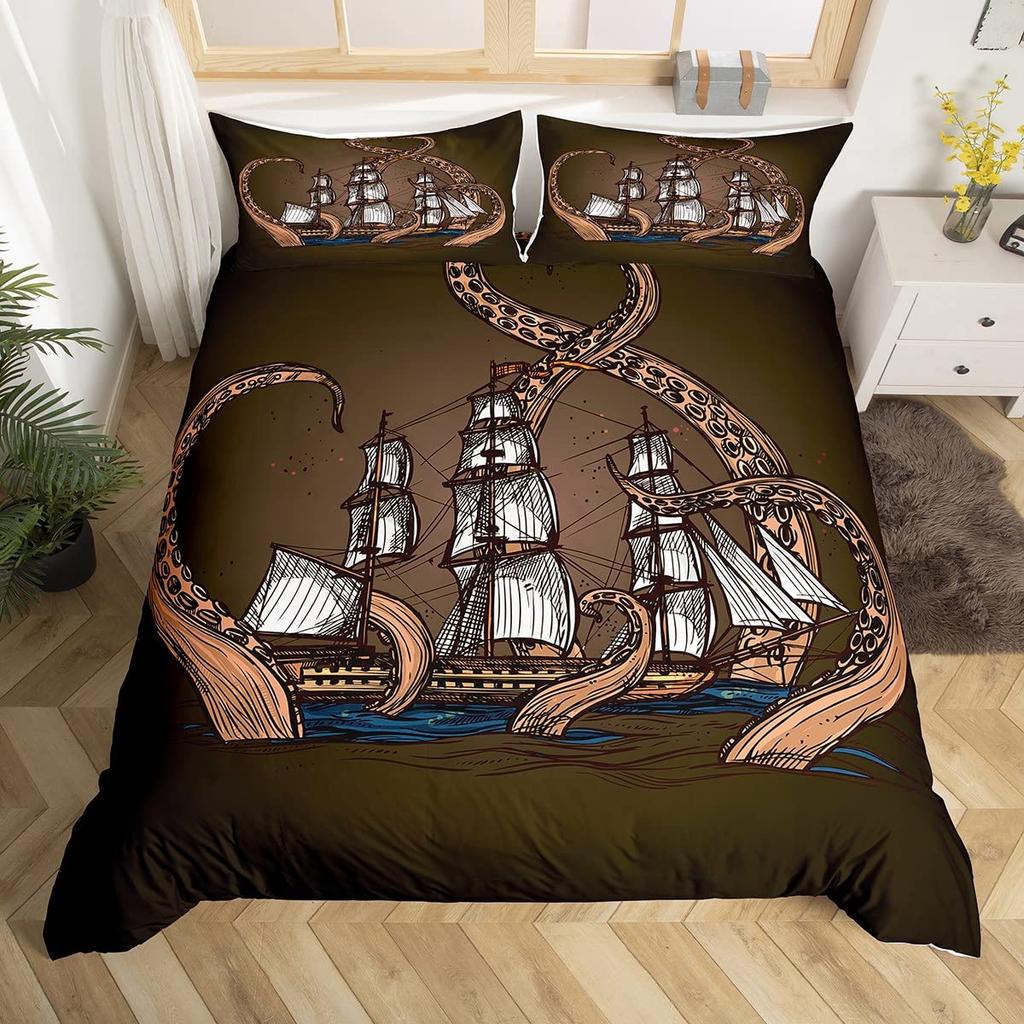 Комплект пододеяльника для парусника Размер Твин Кинг Квин Морская тема Чайка Постельный комплект Микрофибра Рустикальная деревянная доска Пододеяльник