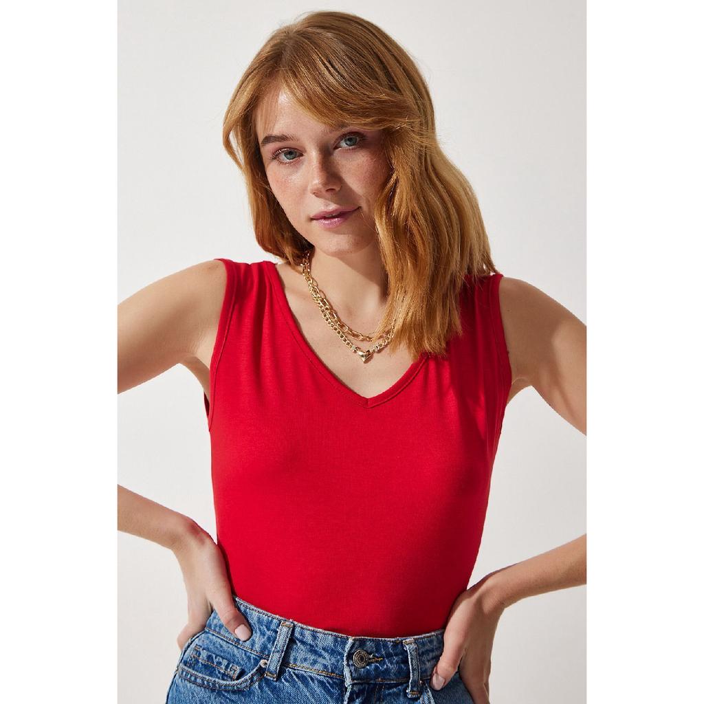 Deep Front Back V Neck Viscose Blouse Red