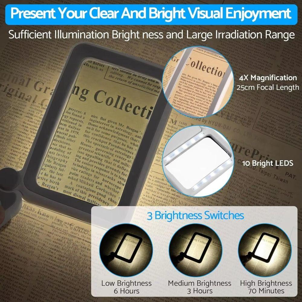 4X Magnification Magnifying Glass 10 LED Lights 3 Lighting Modes Rechargeable Magnifier Folding Design Large Lens