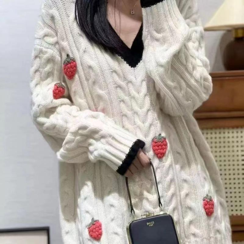 Пуловер осень/зима контрастного цвета, снижающий возраст темперамента, с v-образным вырезом, тонкий, клубничный, универсальный, свободный, с длинными рукавами, женский свитер