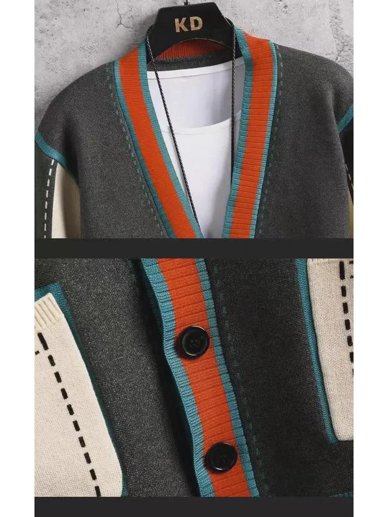 Мужской вязаный кардиган с V-образным вырезом - мода весна/осень 2024 г., свитер с цветными блоками, куртка в стиле панк