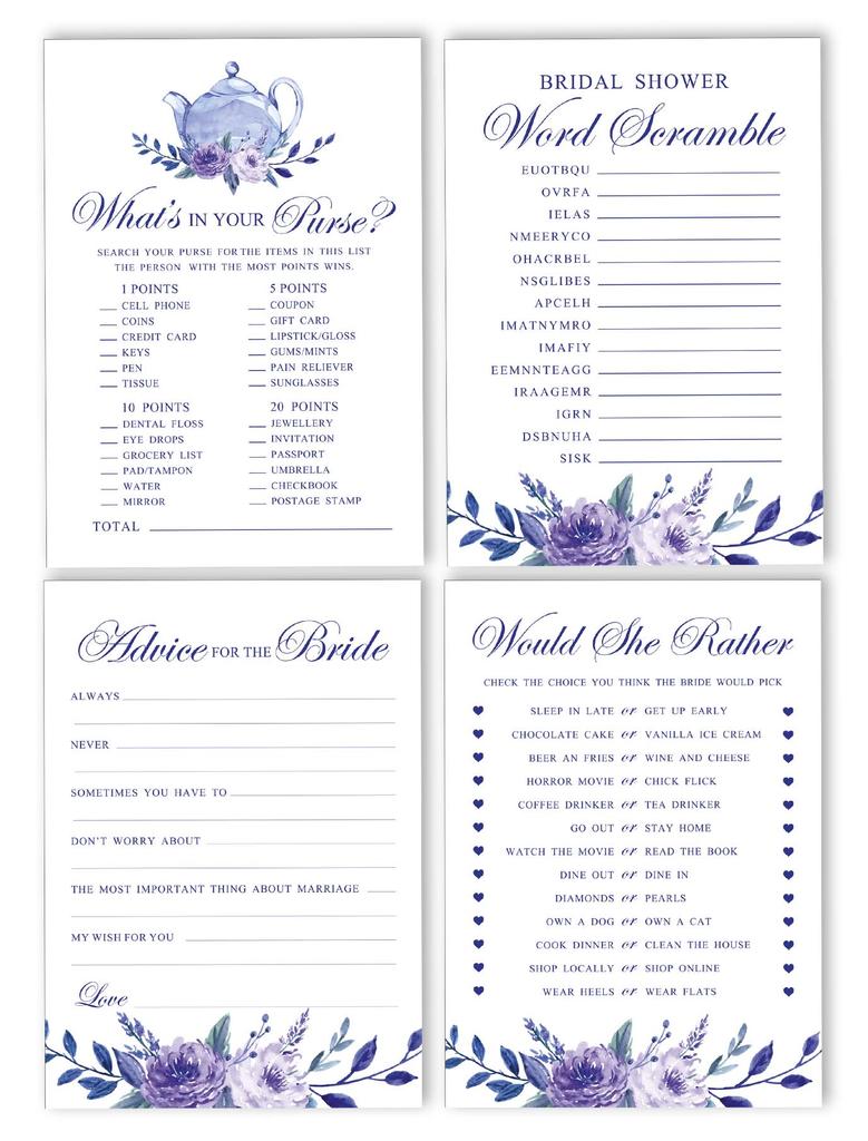 Inkdotpot Bachelorette Party Games Set Bundle Of 4(50 Sheets Each) W Miss To Mrs Gold Banner Floral Tea Party Fun Bridal Shower Games