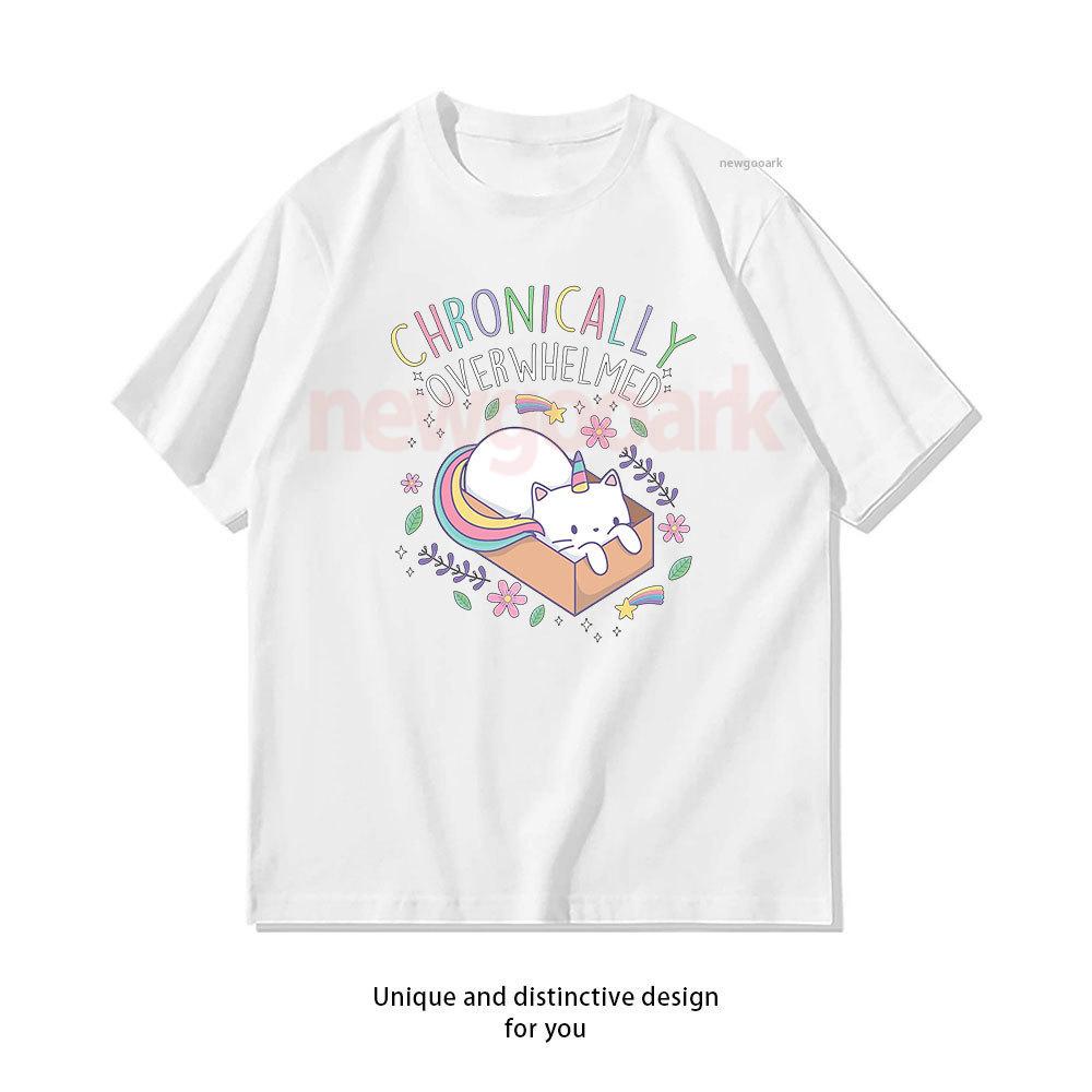 Chronically Overwhelmed ADHD Autism Caticorn TShirt Woman Man Casual Cotton Graphic T Shirts Creative Streetwear Tops Tee