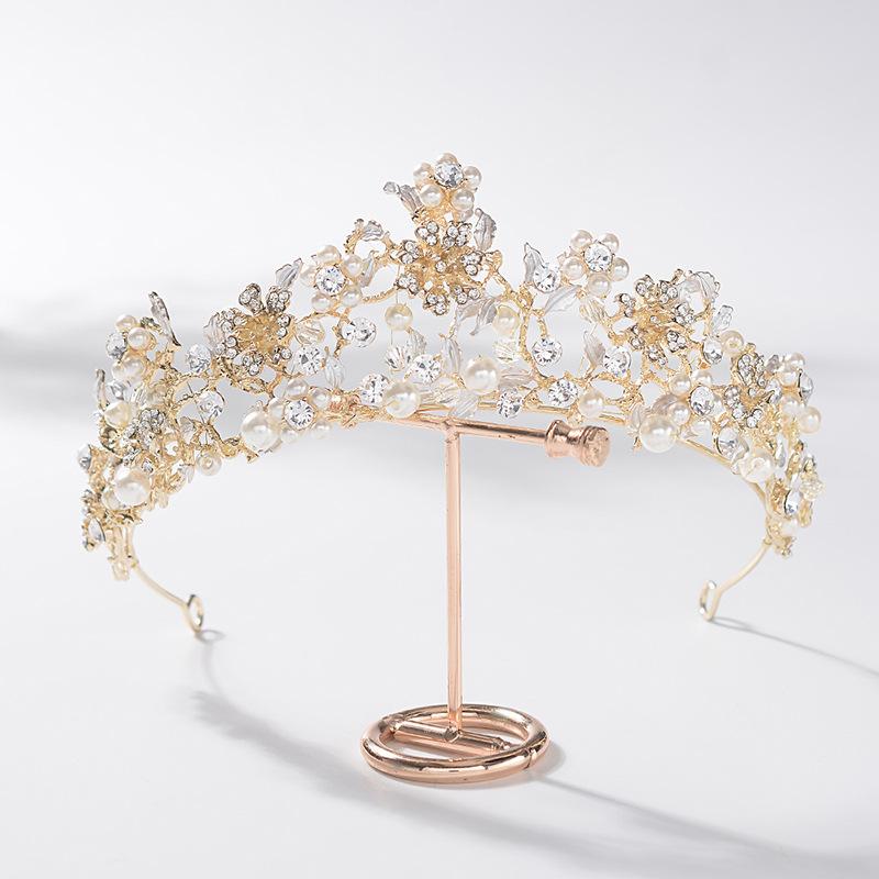 Flower Embellished Diamond Bridal Crown Handmade Beaded Pearl Tiara Wedding Dress Accessories