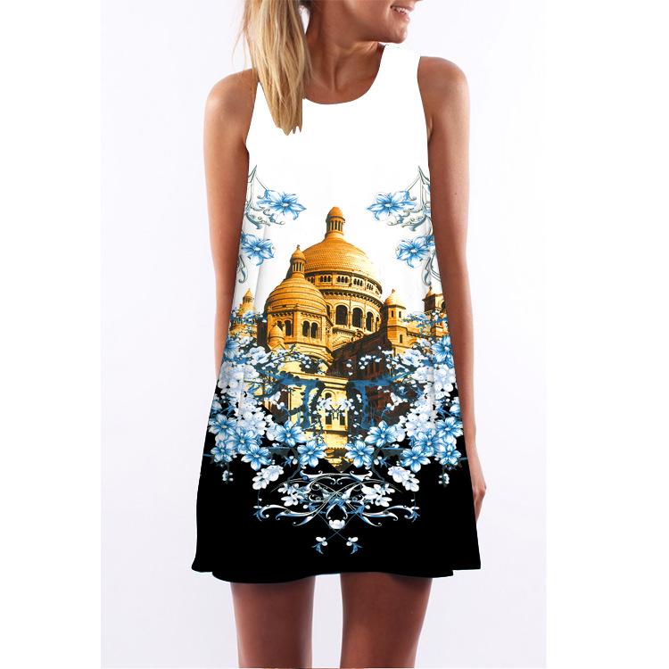 European Station European and American new retro digital printing round neck hot-selling off-the-shoulder medium and long vest dress