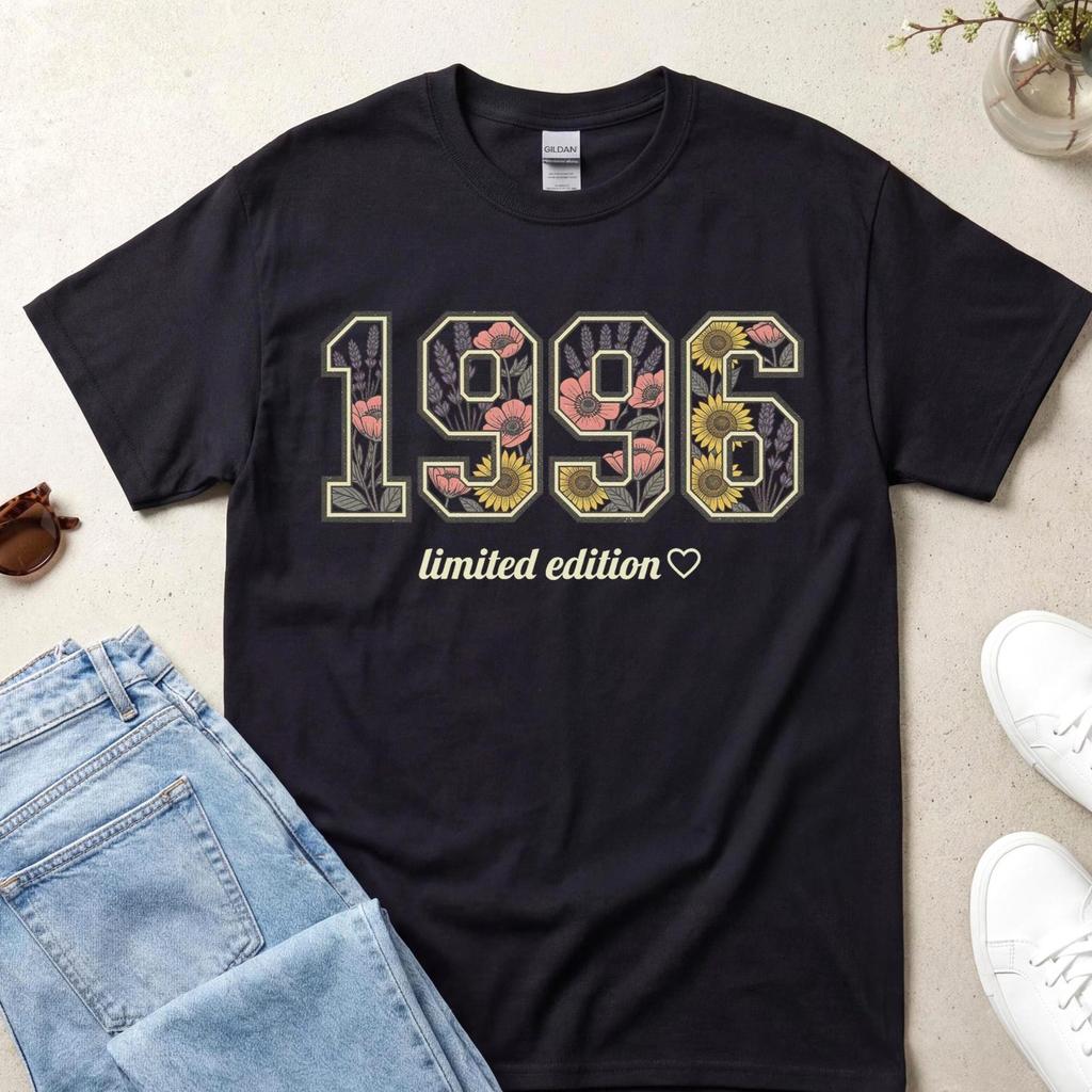 1996 Limited Edition Shirt, Bold Metallic Text Birthday Graphic Tee, Retro 30th Birthday Outfit, Summer Outfit Top