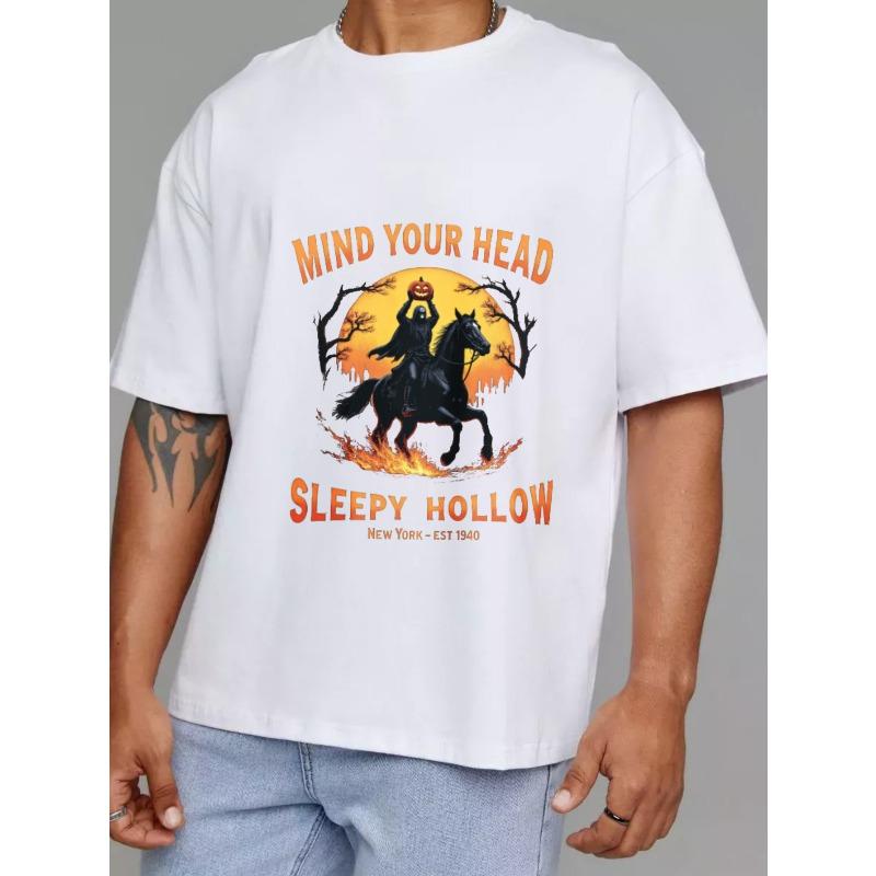 Белая футболка Mind Your Head Дизайн Всадника на лошади Сонная Лощина Хэллоуин для повседневной носки