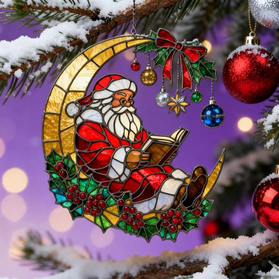 Cozy Santa Reading on Moon Suncatcher Christmas Stained Glass Look Window