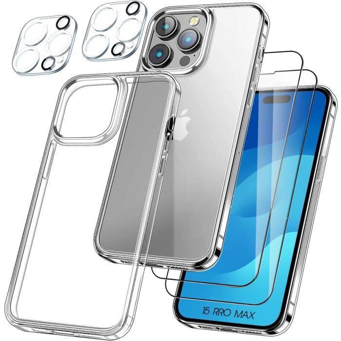 Phone Case - Silicone - for iPhone 15 Pro Max - Transparent - 2 Tempered Glass Screens - 2 Camera Protectors