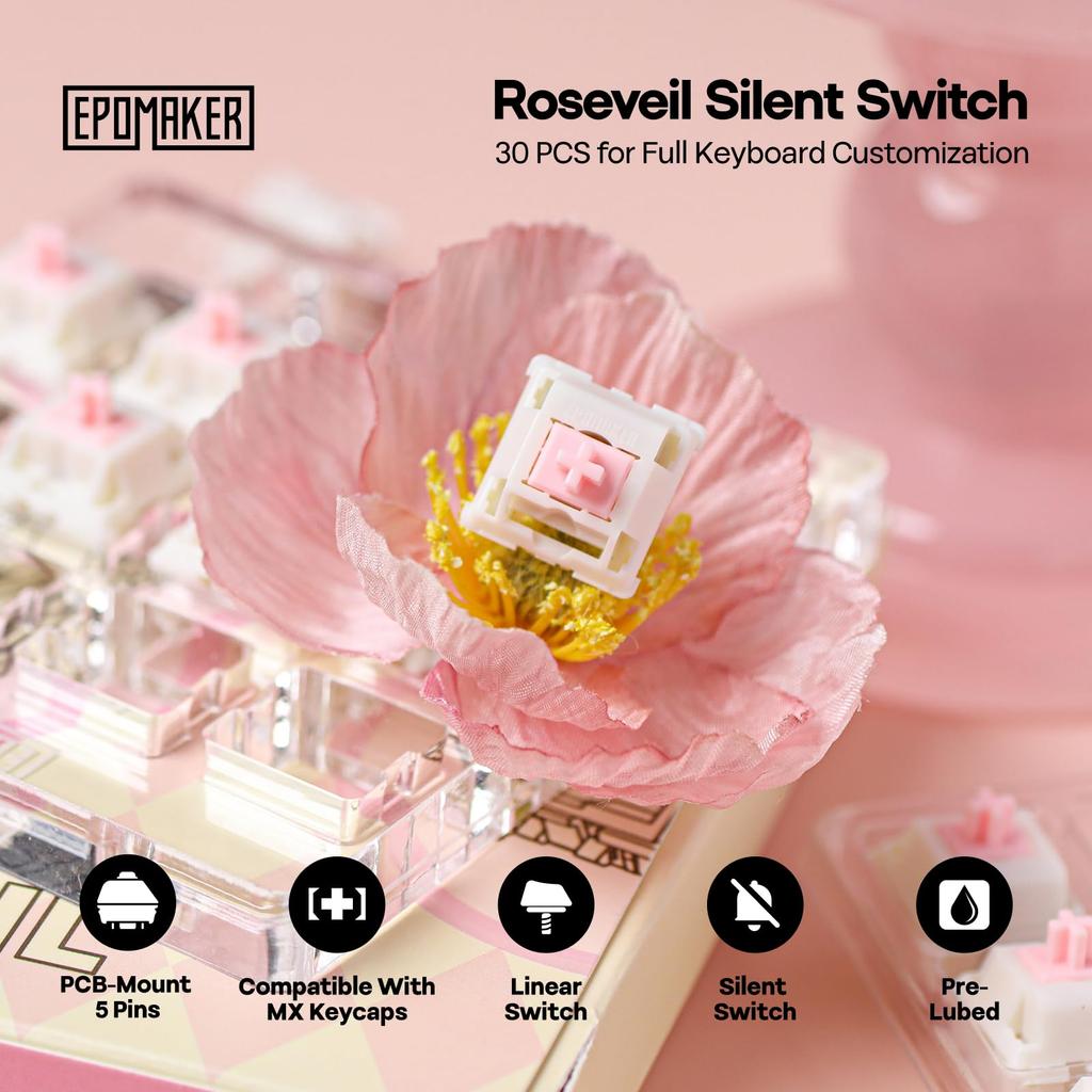EPOMAKER Roseveil Silent Keyboard Switch for Mechanical Gaming 30PCS Silent Linear PC LY MX Keycap Compatible Silent Keyboards, 5-Pin Axis, 32gf,