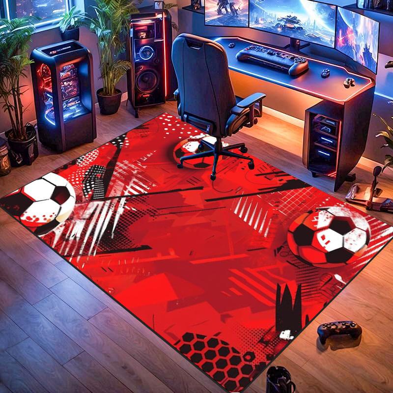 Red Graffiti Soccer Ball Geometric Print Area Rug Sport Theme Non Slip Rectangular Floor Mat Football Fan Gaming Room Bedroom Decor Rug