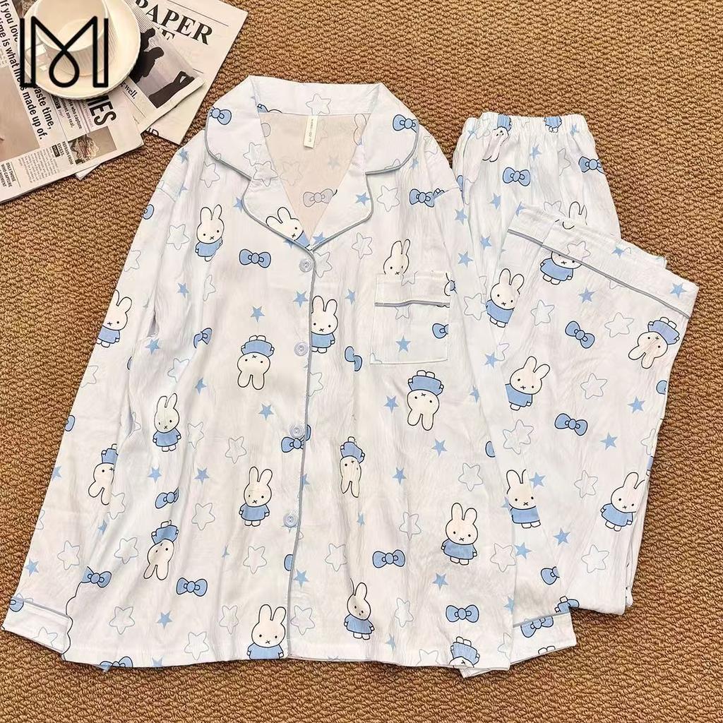 Blue star rabbit girl pajamas spring and autumn cardigan lapel set soft cute princess style loungewear