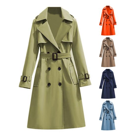 Women's Double Breasted Long Trench Coat Belted Notch Lapel Overcoat Fall Winter Windproof Classic Outerwear