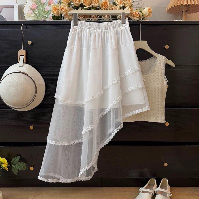 Неравномерная кружевная отделка, сетчатая юбка миди для женщин - Весна 2025, завышенная талия, А-силуэт, плиссированная, многоярусный дизайн.