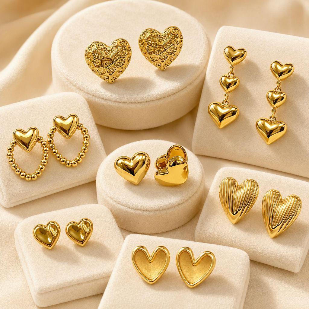 High-End Heart-Shaped Gold Stainless Steel Earrings | Creative Fashion Studs