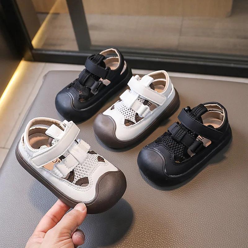 Детские сандалии в стиле пэчворк для девочек, повседневные, сандалии с толстой подошвой, модные, летние, для детей и мальчиков, с вырезами, пляжная обувь, нескользящая, универсальная