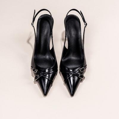 Модные модные туфли с острым носком и неглубоким вырезом на высоком каблуке, летние элегантные черные женские туфли на шпильках с пряжкой