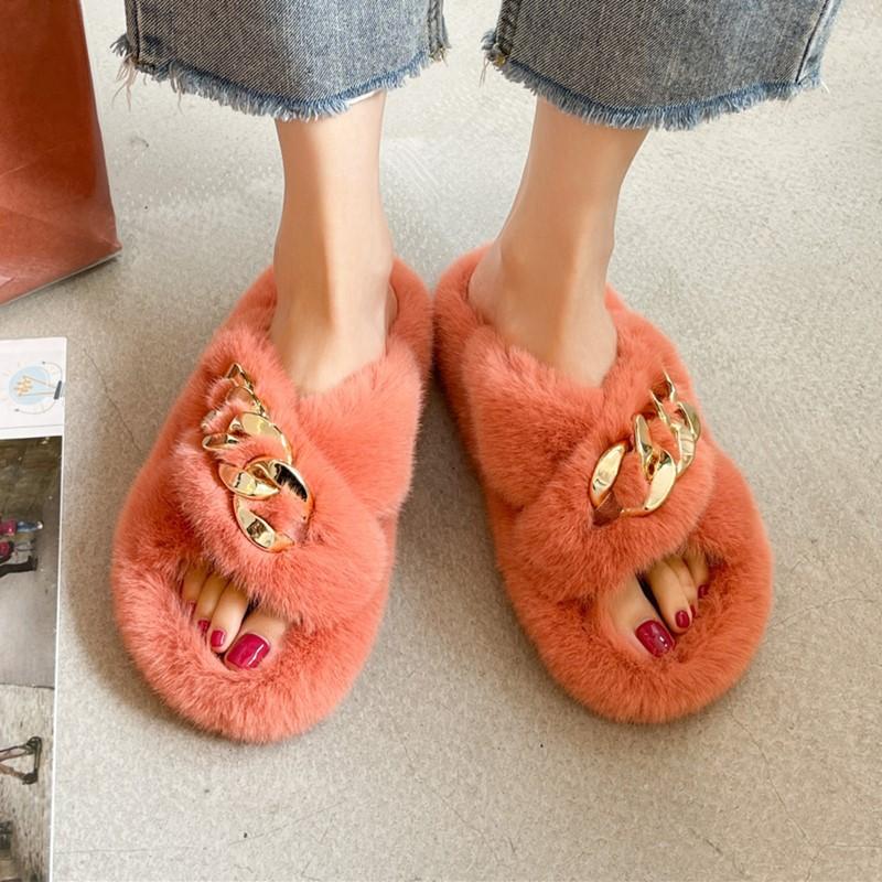 Popular Mao Mao Slippers Women's Outer Wear Chain Thick Bottom Increases Height Spring and Summer Fashion Going Out Plush Cross Autumn and Winter