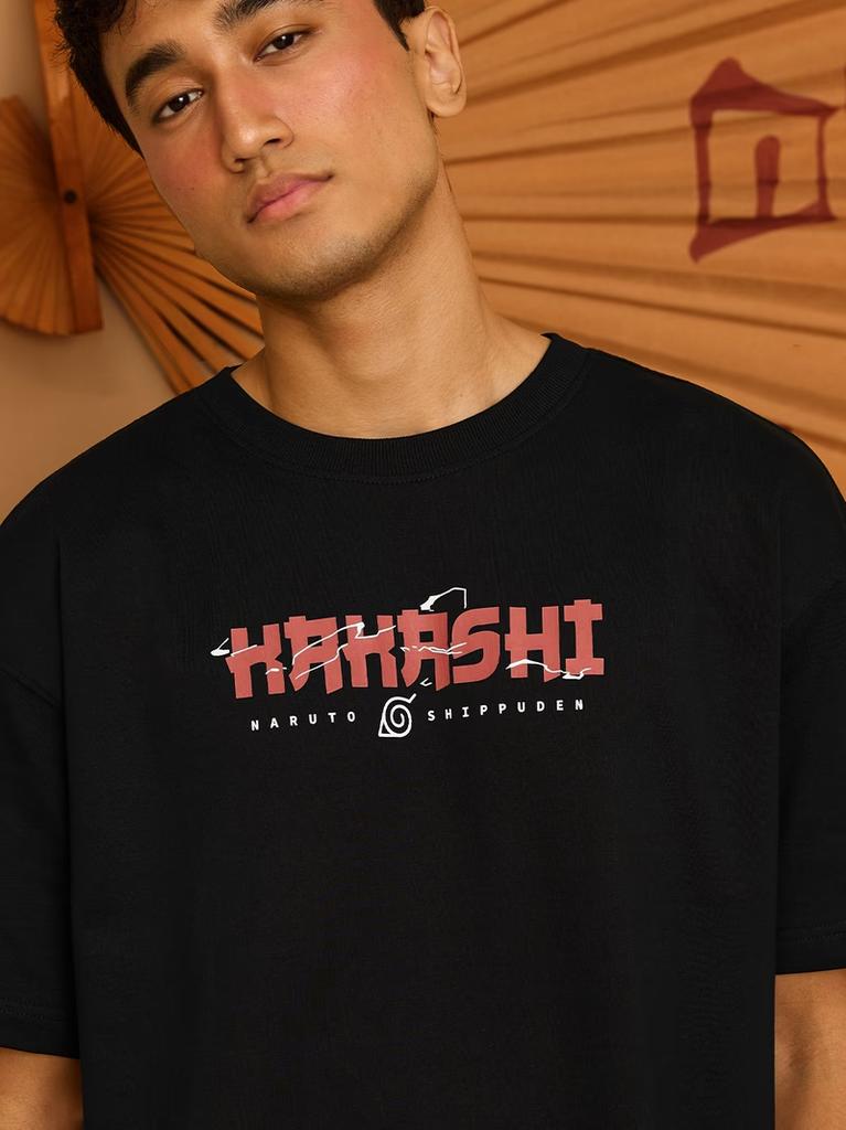 The Souled Store Футболки с коротким рукавом и круглым вырезом для мужчин и мальчиков, черные, с графическим принтом из хлопка, оверсайз, по мотивам Naruto Shippuden, Какаши