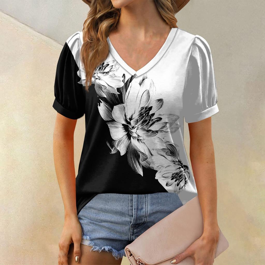 Женская модная футболка с коротким рукавом и V-образным вырезом, с цветочным принтом, свободная повседневная футболка