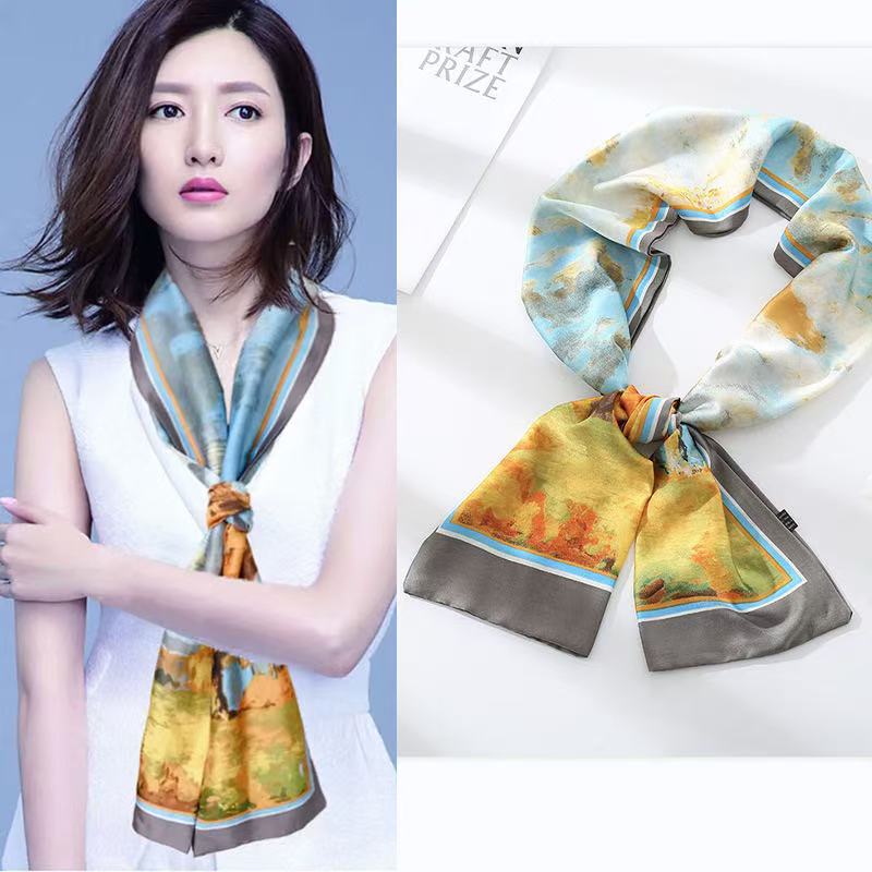 Шарф из искусственного шелка, сезонный маленький шарф, повязка на голову, длинный шарф, универсальный женский шарф с завязками