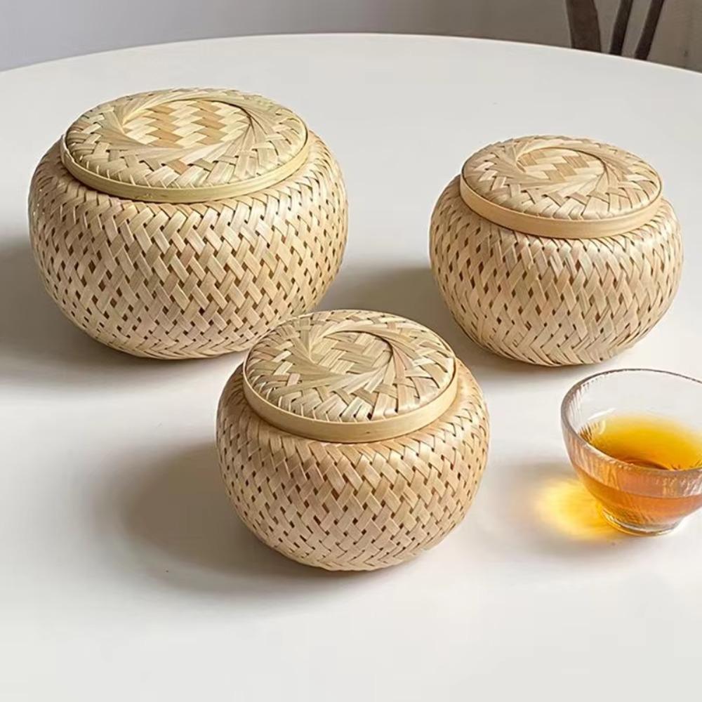 Retro Bamboo Weave Basket Double Layer Bamboo Food Storage Jars Natural Tea Box Gift