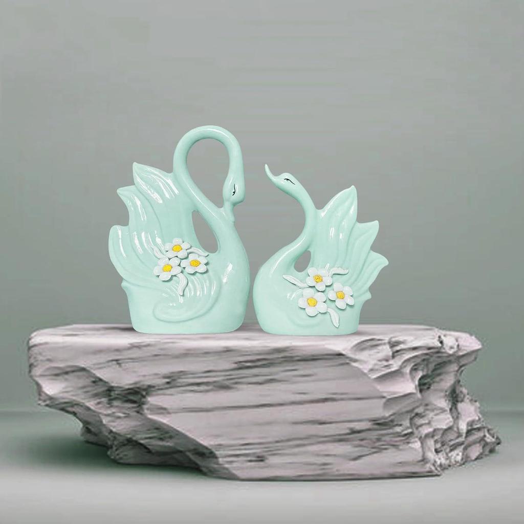 Cute Luxury Light Green Swan Pair Ceramic Art Figurine | Beautiful Home Decor (Pack of 2, Light Green)