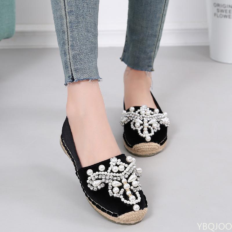 Pearl Beading Espadrilles Shoes Woman 42 43 Big Size Straw Flats Crystal Flower Loafers Women Fisherman Creepers Moccasins
