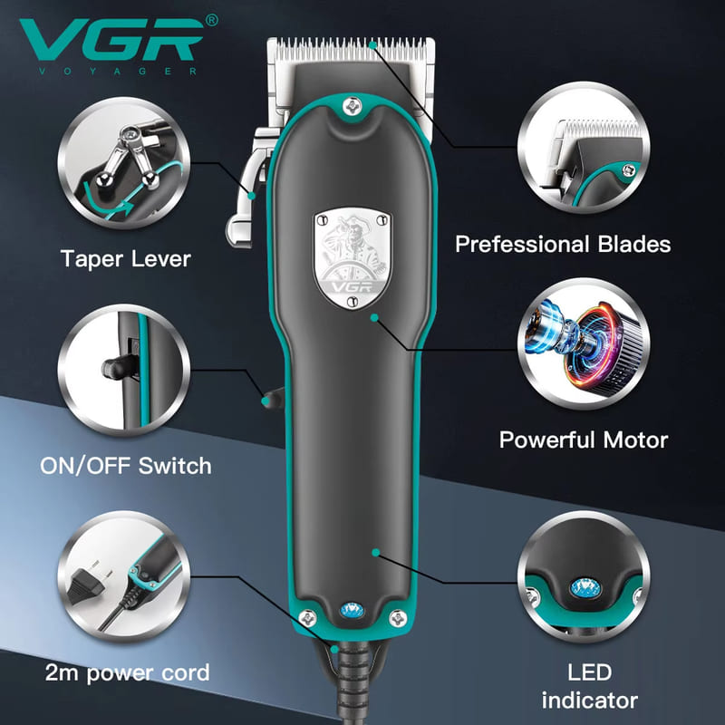 VGR V-123 Профессиональная мужская мощная сетевая машинка для стрижки волос для салона, электрическая машинка для стрижки волос с насадками разных размеров и регулируемыми лезвиями