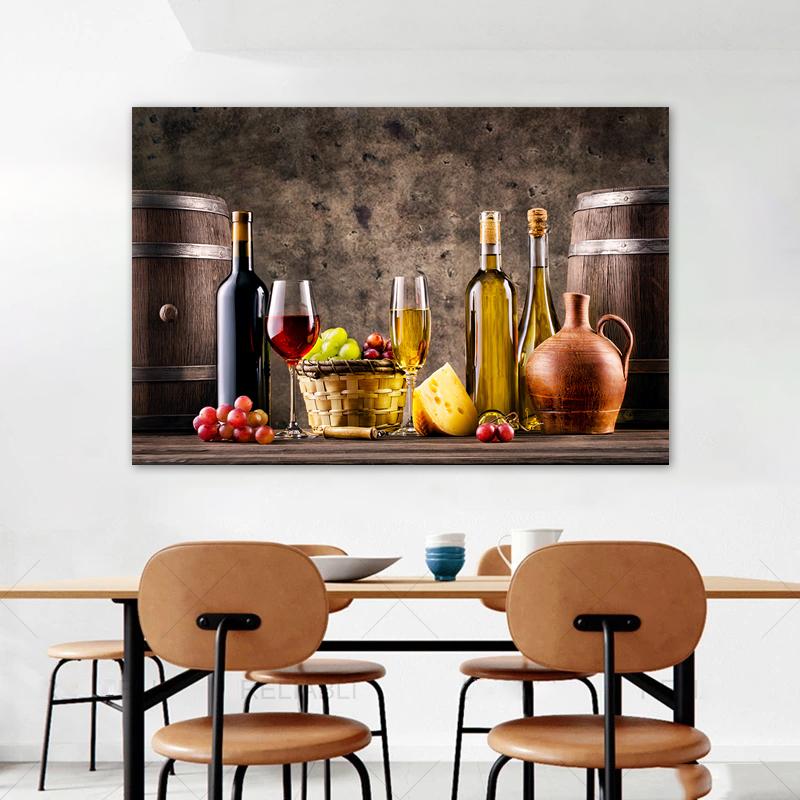 Плакаты и принты в виде стеклянных бутылок вина, картина на холсте, настенные художественные картины для столовой, домашний декор, деревянная бочка с виноградом, куадрос