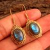 Yellow Gold Plated Labradorite Dangle Earring 925 Sterling Silver Handmade Statement Jewelry