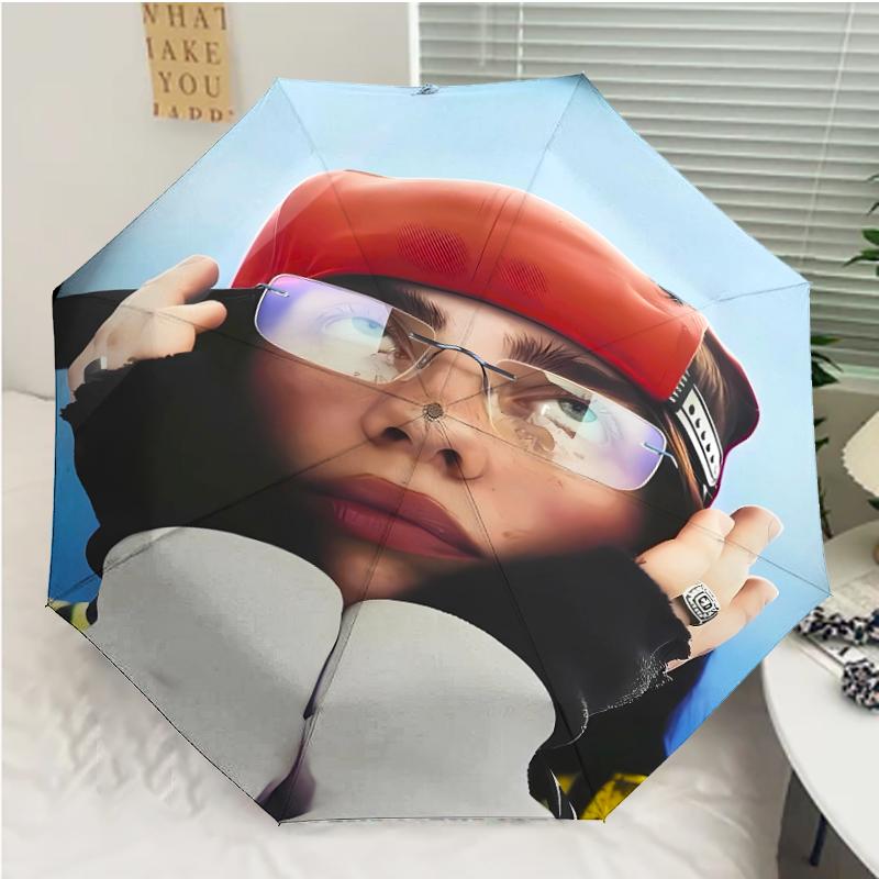 singer Billie Eilish3 Print Automatic Umbrella, 8 Rib Iron Frame, Plastic Handle, Suitable for Outdoor Travel &Daily , Ideal Gift