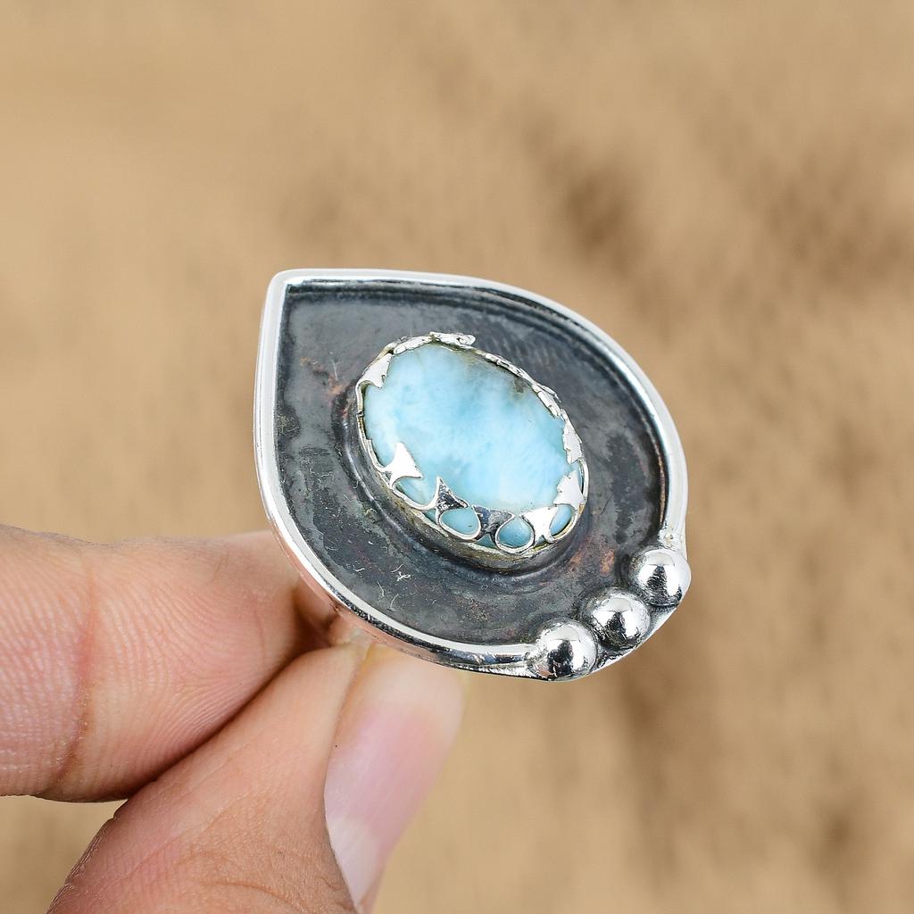 Natural Larimar Gemstone 925 Sterling Silver Promise Adjustable Ring For Girls