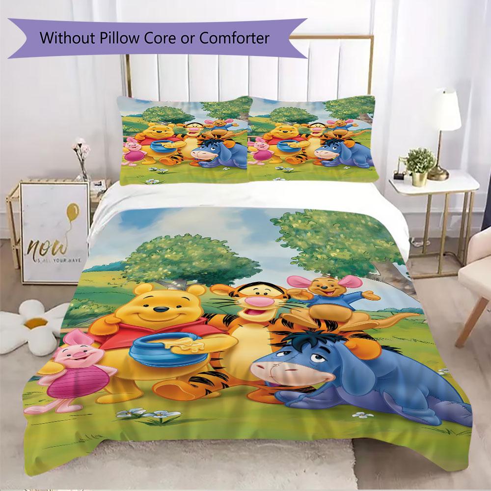 3pcs cute Winnie the Pooh and his friends patterned unbleached bed sheet set, available in various sizes, for bedroom bedding.