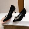 Fashion Suede Stiletto Single Shoes Women's Fashion Pointed Toe Shallow Slip Rhinestone Square Buckle Slip-on Non-Slip High Heels