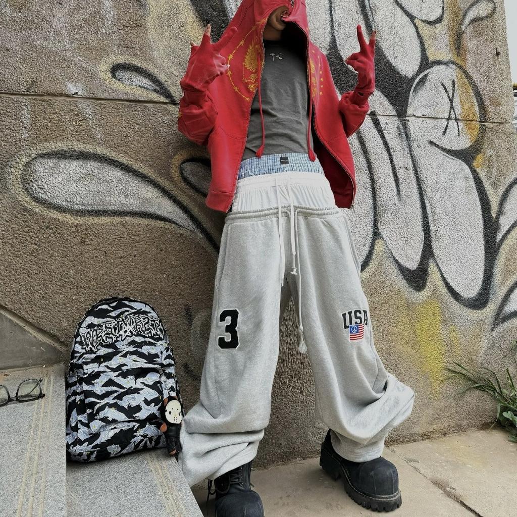 Унисекс Фейковые Три Предмета Дизайн Талии Проект Спортивные Штаны Мужчины Женщины Свободные Вышивка Цифра 3 Бирка Тренировочные Штаны Черный Серый Повседневные