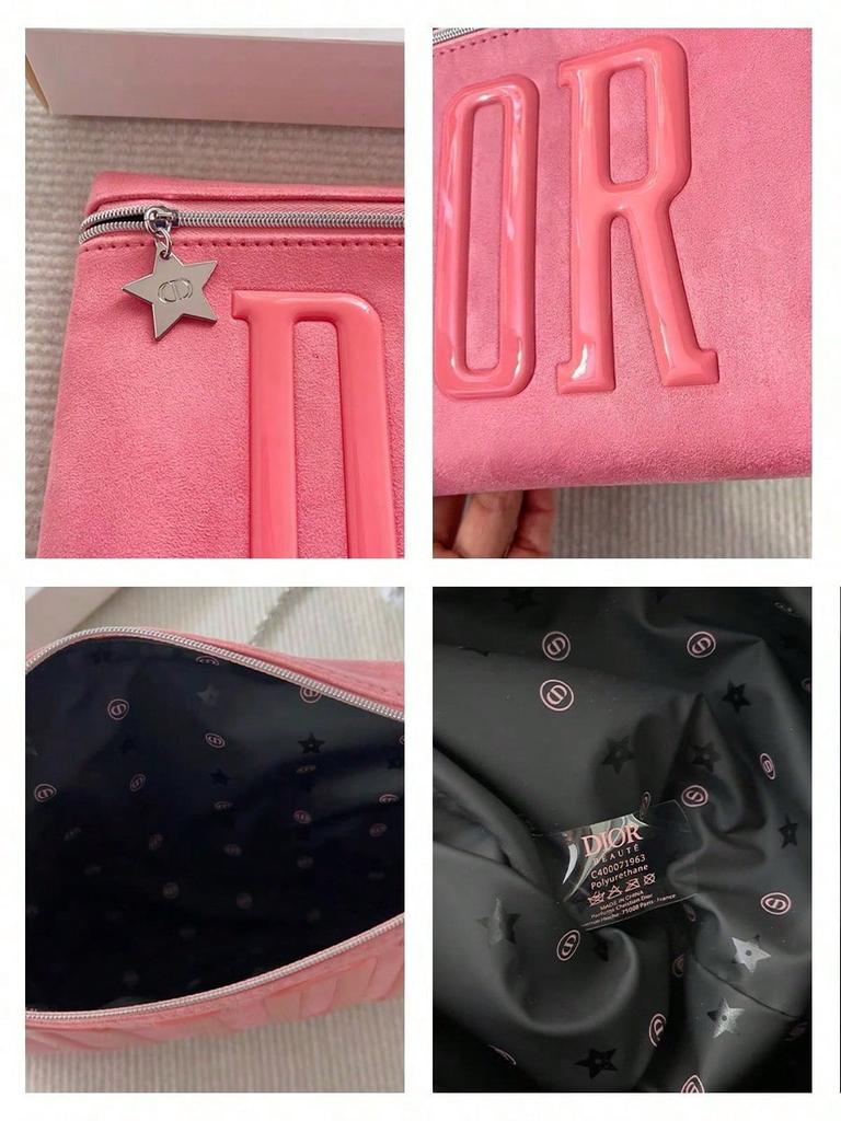 DIOR 1 Piece Pink Zipper Makeup Bag Embossed DIOR Letter Star Pendant Portable Cosmetic Pouch for Women Travel Daily Use