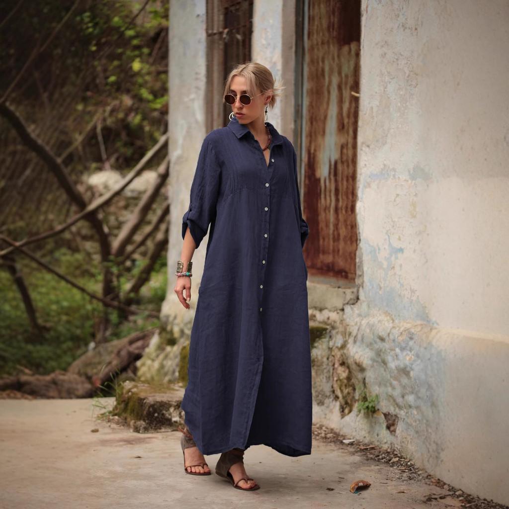 Cotton Linen Long Dress With Shirt Collar For Elegant Casual Wear